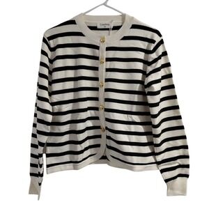 Liuerfeng Striped Button Cardigan Sweater Cream Black Gold Buttons Women's M